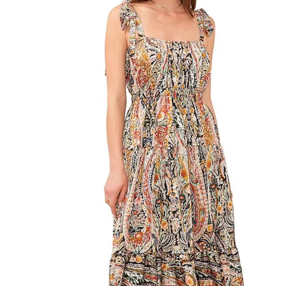 1 STATE Tapestry Paisley Print Tie Shoulder Empire Waist Midi Dress
